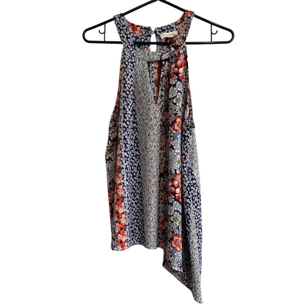 Monteau Floral Halter Top Womens XL Blue Patchwork Excellent Asymmetrical Blouse